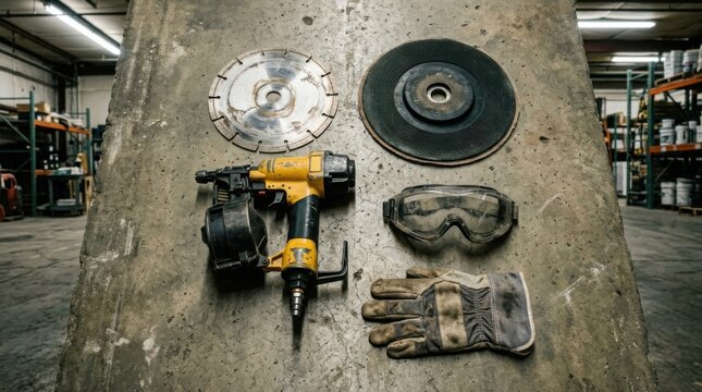 Rental home improvement equipment arranged in a warehouse including tile saw blade, floor sander pad, nail gun, goggles and gloves.
