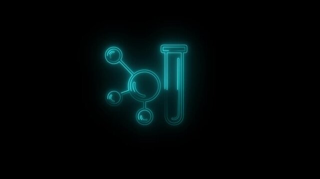 Neon science test tube icon with glowing molecular structure animation for laboratory research, chemistry experiments, scientific analysis and biotechnology