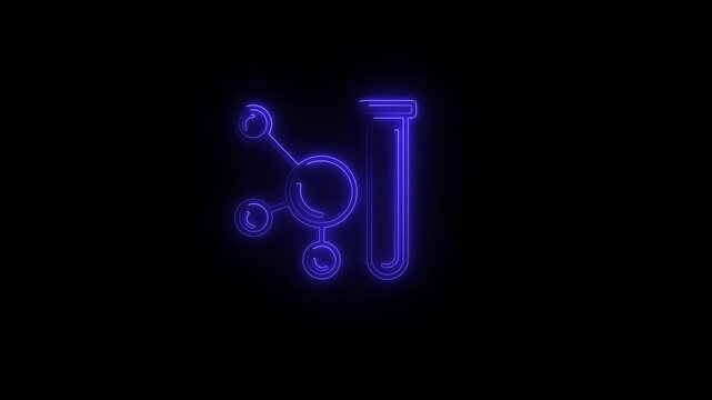 Glowing neon science test tube icon with molecular structure animation isolated on black background for laboratory research, biotechnology and chemistry education