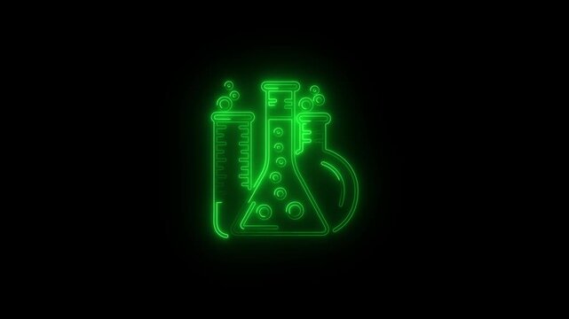 Neon green glowing laboratory glassware icon animation for scientific research, chemistry experiments, medical studies and academic presentations on black background