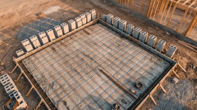 Residential construction foundation slab with rebar grid and stacked cinder blocks at a job site in morning light.