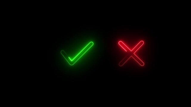 Neon glowing check mark and cross icon animation, green tick and red x symbols for correct and incorrect choices, decision making and survey feedback on black background