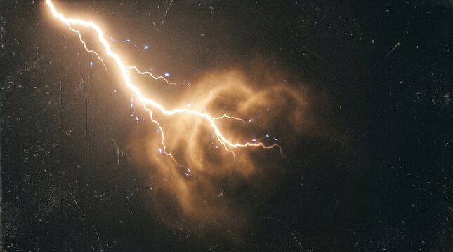 A bright lightning bolt illuminates a dark stormy sky