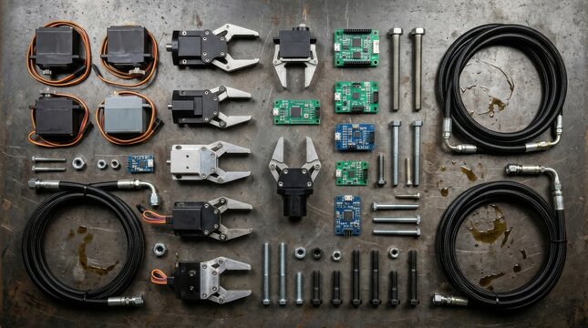 Robotics components including servo motors, gripper claws, sensors and hydraulic hoses arranged on a metal table.