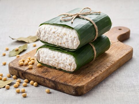 stack of fresh tempeh wrapped in banana leaves