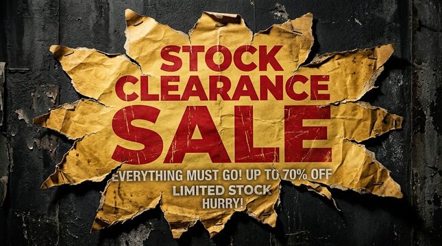Distressed stock clearance sale banner with grunge texture and bold red lettering