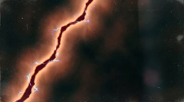 Orange lightning bolt splits a dark textured background