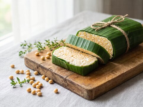 fresh raw tempeh wrapped in banana leaves