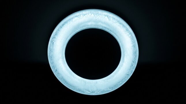 Frosted circular ring glows with ice blue light against a dark background