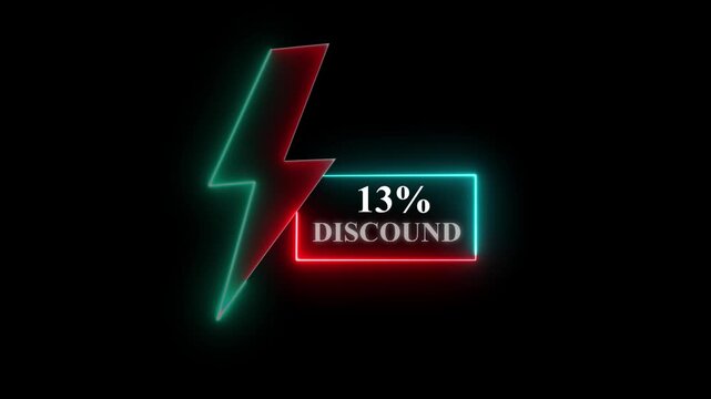 Discount 13% neon light sign, purple and blue colors, Glowing neon line of Discount sign banner for promo video. Shopping, great discount 13% and clearance, social media, communication