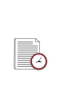 document and clock icon animation on white background provides versatile graphic resource, ideal for conveying concepts of time management deadlines schedule or paperwork.