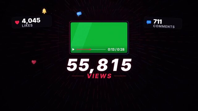 Viral Content Explosion Animation, Video Card Bursting with Likes, Comments and Shares as Views Counter Skyrockets, Social Media Campaign. Loop 4K