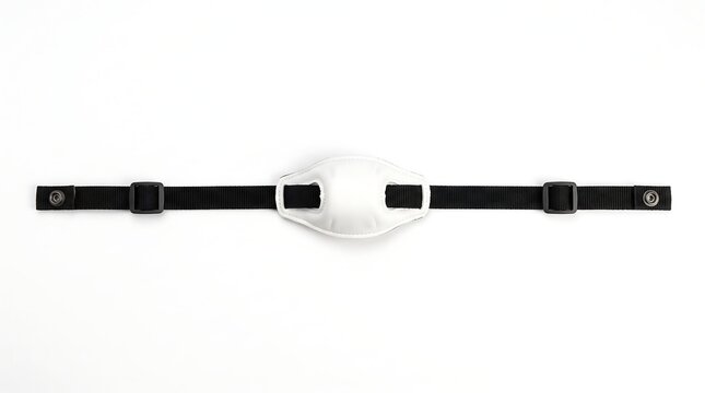 A white and black athletic mouthguard with adjustable straps is laid flat on a white surface.