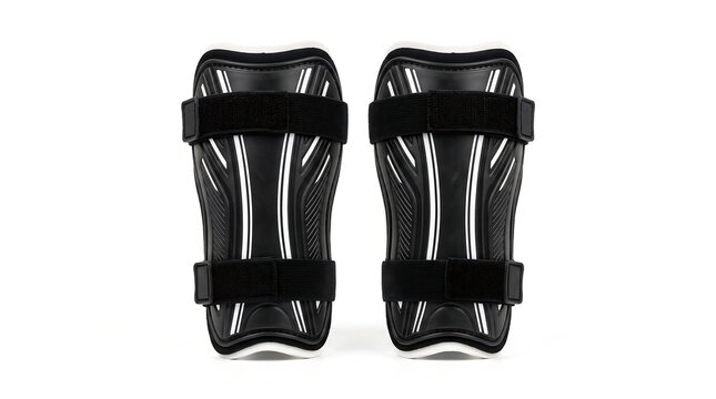 A pair of black shin guards with white stripes and adjustable straps are shown.