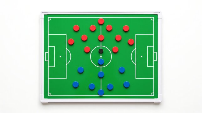 A soccer team's tactical formation is displayed on a green whiteboard with magnetic pieces.