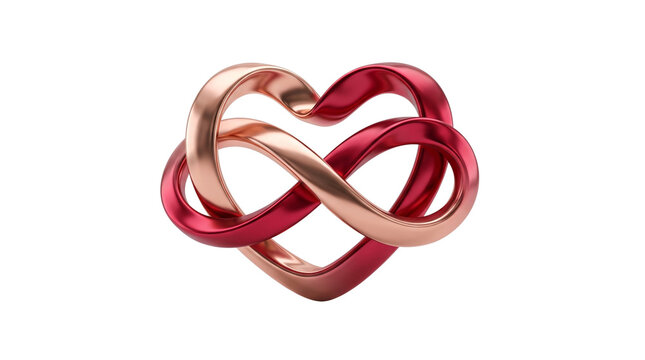 Metallic infinity heart symbol isolated on white background, metallic red and rose gold endless loop, romantic love emblem for anniversary graphics