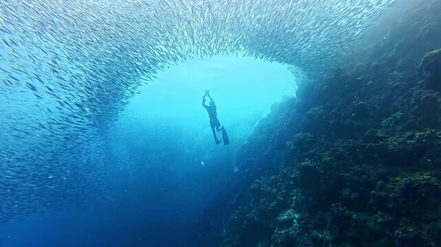 Free diver male swims by school of sardines, Moalboal Philippines. snorkeling and scuba diving tourist destination. 