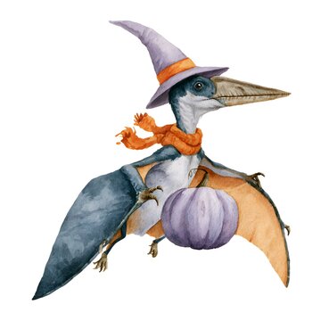 Cute watercolor pterodactyl wearing a witch hat and scarf holding a pumpkin