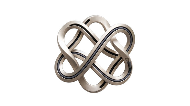Metallic infinity knot abstract 3d shape, interlocking silver mobius strip loop element, modern geometric chrome sculpture isolated on white background