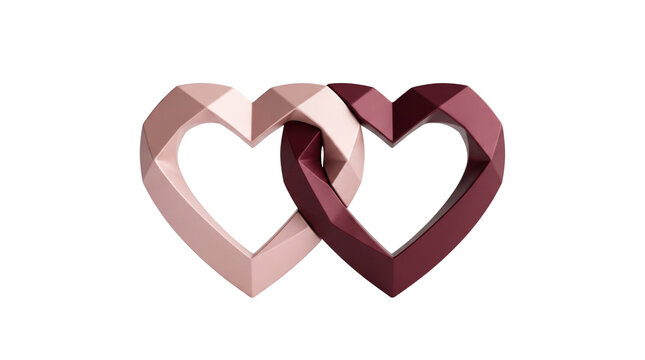 Geometric interlocking heart symbols isolated on white background, modern low poly pink and burgundy hearts concept for love and wedding card design