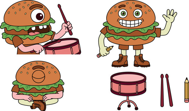 Cute Cartoon Hamburger Mascot Character Set Featuring a Burger Monster Playing Drums Waving Hello and Meditating for Fast Food Sticker Designs