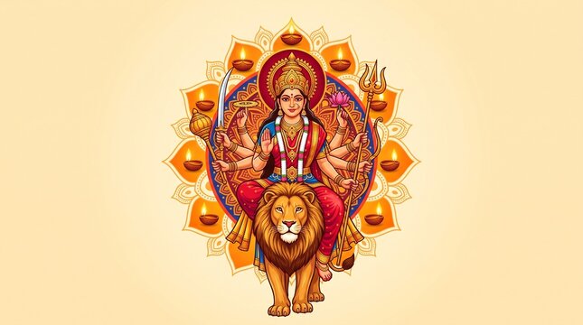 Beautiful Goddess Durga Sitting on Lion with Mandala Background for Religious Festival Art