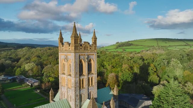Buckfast Abbey from a drone, Devon, England, United Kingdom