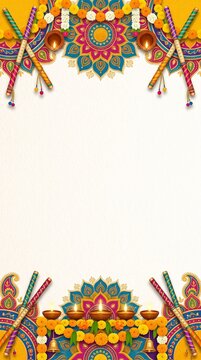 Festive Navratri background frame with dandiya sticks marigold garlands and traditional temple bells