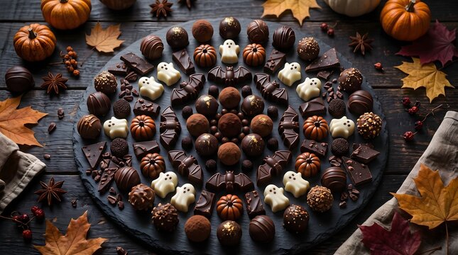 Delicious Assortment of Halloween Chocolates and Candies on a Rustic Wooden Table.