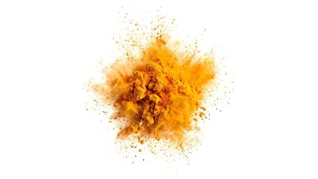Explosion of yellow turmeric powder isolated on white background, abstract food spice burst concept