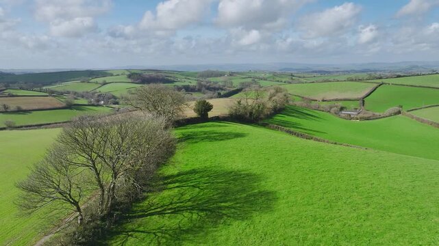 Fields and Farmlands at spring from a drone, Devon, England, United Kingdom