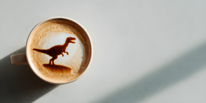 Ceramic Cup of Cappuccino With Cocoa Powder Dinosaur Stencil Latte Art on White Table With Generous Copy Space in Bright Morning Sun and Shadow