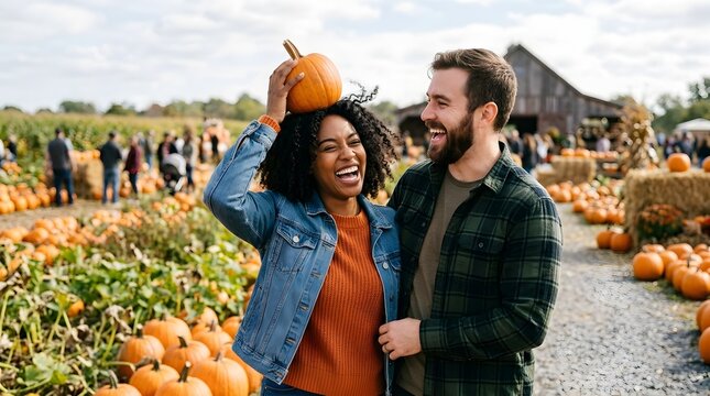 Happy couple laughing and holding pumpkin at autumn harvest farm field