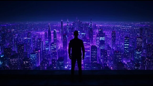 Silhouette of Man Overlooking Futuristic Neon Purple Cityscape at Night, Urban Exploration and Technology Concept