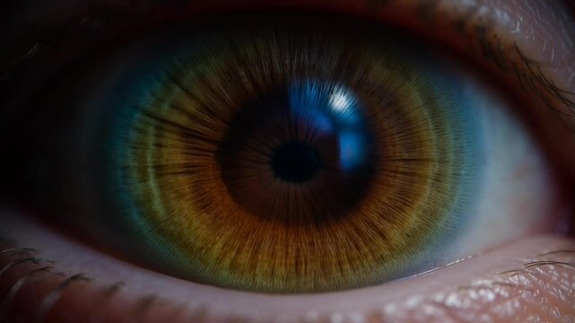 Extreme Close-Up of Human Eye Iris with Vibrant Colors and Detailed Textures, Macro Photography for Science and Vision Concepts