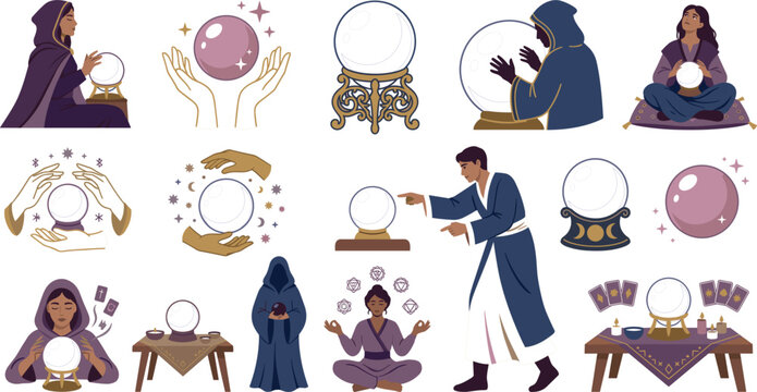 Mystical crystal ball fortune teller vector illustration set with hooded seers, meditating women, floating orbs, tarot table, wizard, and celestial hands for spiritual designs