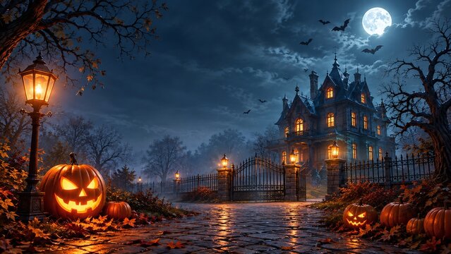 October 31 Happy Halloween Day Celebration with Spooky Decorations Costumes Jack o Lanterns and Bats