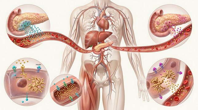 Medical illustration of human endocrine system, pancreas insulin secretion and blood glucose regulation diagram, anatomical chart of diabetes mechanism