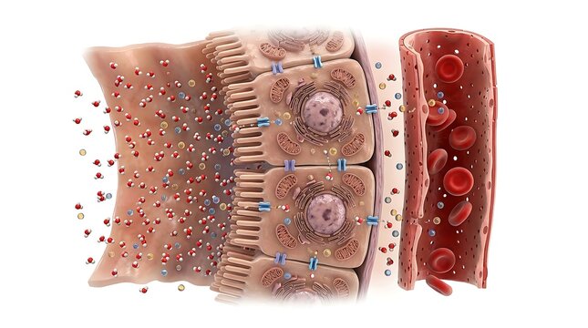 Intestinal absorption process diagram, microvilli and enterocyte cell structure, nutrient transport into blood capillary, medical 3D illustration