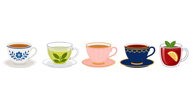 Vintage and modern teacup collection, set of five tea cups with herbal green and black tea, flat vector illustration