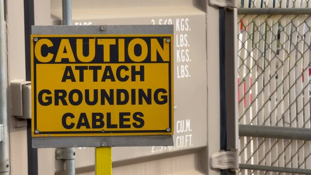 A yellow CAUTION ATTACH GROUNDING CABLES sign mounted beside a fuel tanker, warning against static ignition during transfer.