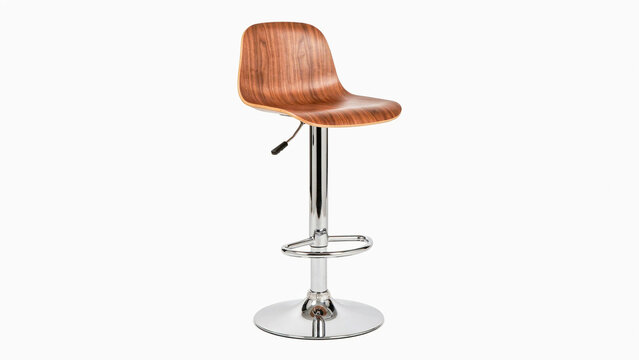 Modern wooden bar stool with chrome adjustable pedestal base isolated on white background