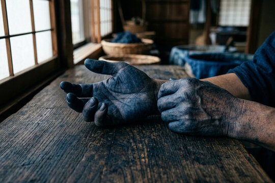 藍染料が深く染み込んだ職人の両手と歴史ある作業台