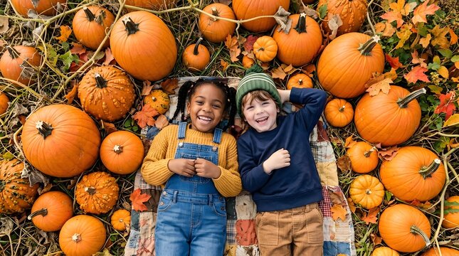 Two happy children lying among pumpkins in autumn patch outdoors