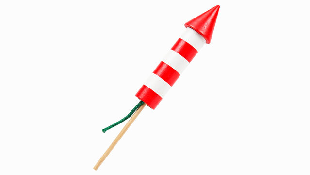 A vibrant red and white striped firework rocket isolated on a clean white background for holiday celebrations and festive pyrotechnic displays