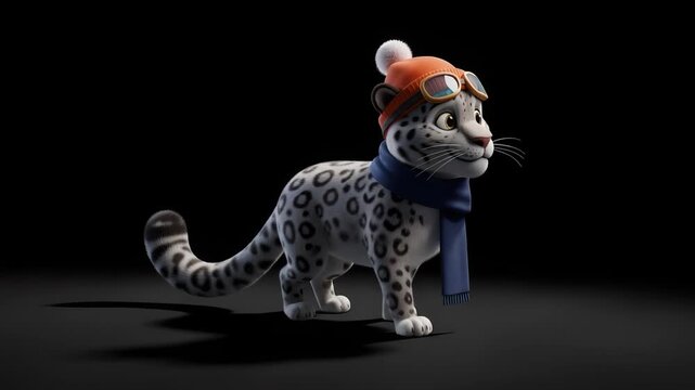 Enchanting Animated Snow Leopard with Winter Outfit and Aviator Hat on Dark Background