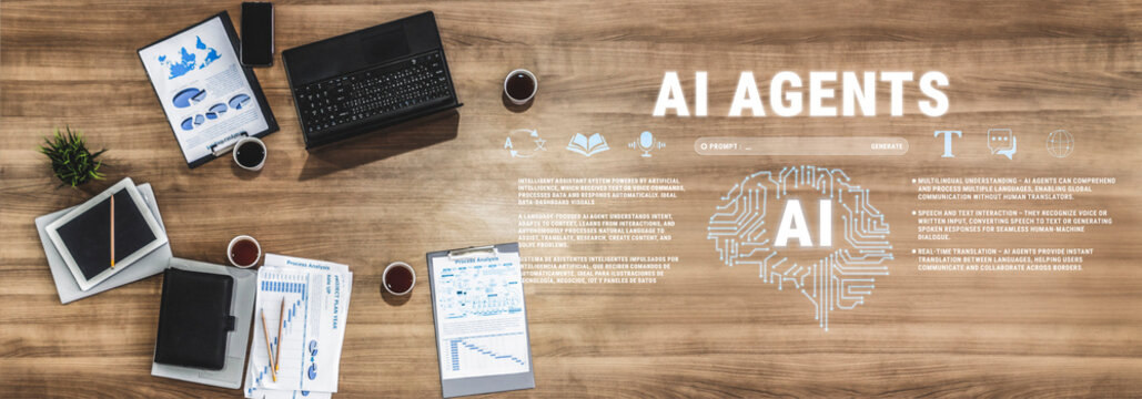 Workspace with AI Agents Concept Featuring Laptop, Documents, Coffee, and Modern Technology on Wooden Table Quark.