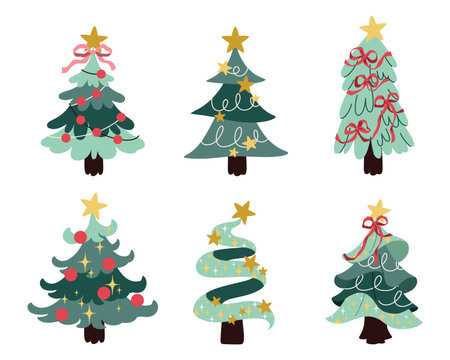 Set of six cute Christmas tree illustrations with colorful ornaments, stars, bows and decorative lights, perfect for holiday cards, stickers, gift wrapping, and festive designs.