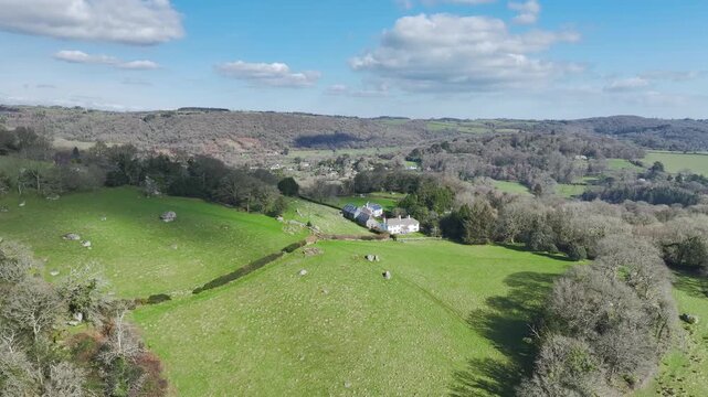Farms and Woods over East Dartmoor National Nature Reserve from a drone, Yarner Wood, Lustleigh, Newton Abbot, Devon, England, United Kingdom