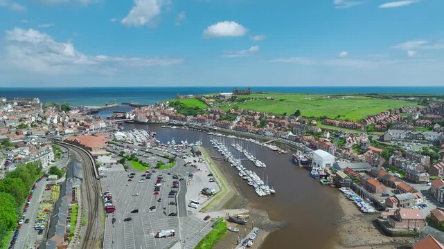 Whitby over River Esk from a drone, North YorkshirWhitby over River Esk from a drone, North Yorkshire, Englande, England